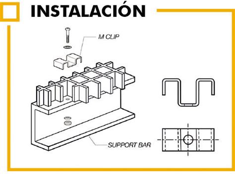 Diagrama detallado de un sujetador para grating mostrando sus componentes (clip superior, clip inferior, perno, tuerca) y su posición de instalación.