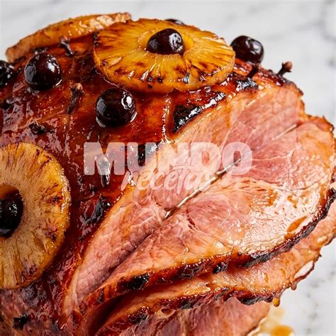 Jamón entero glaseado con rodajas de piña y cerezas marrasquino
