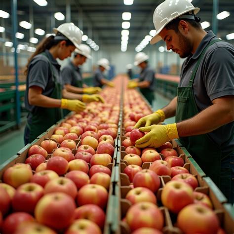 Línea de empaque donde operarios colocan manzanas en bandejas o cajas.