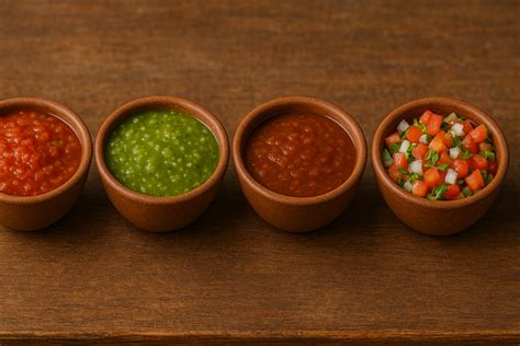 Galería de imágenes: Variedad de salsas mexicanas tradicionales (verde, roja, pico de gallo, guacamole)