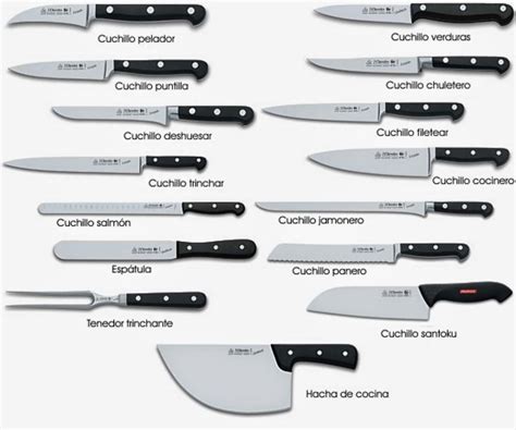 Ilustración de varios tipos de cuchillos de cocina con sus nombres