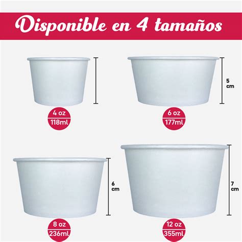 Ilustración de diferentes tamaños de vasos para helado, desde 3 oz hasta 32 oz, con indicaciones de uso (degustación, personal, para compartir).