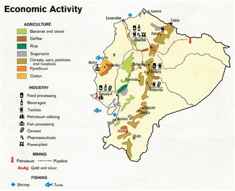 Mapa agrícola de las zonas costeras de Ecuador con cultivos principales