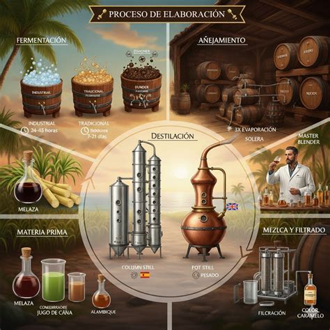 Diagrama de flujo del proceso: Cosecha, Extracción, Fermentación, Destilación, Añejamiento y Blending