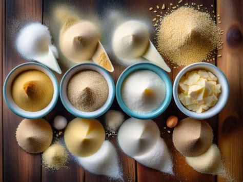 Variedad de ingredientes para repostería sin huevo, como harinas alternativas, yogur y frutas