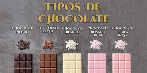 Infografía comparativa de los tipos de chocolate (negro, con leche, blanco y ruby) con sus características de sabor y textura ideales para coberturas.