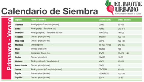 Tabla comparativa de variedades de espinaca según época de siembra (primavera, otoño, invierno, verano) y sus características.