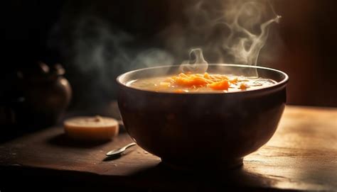 Plato de sopa humeante con ingredientes marinos