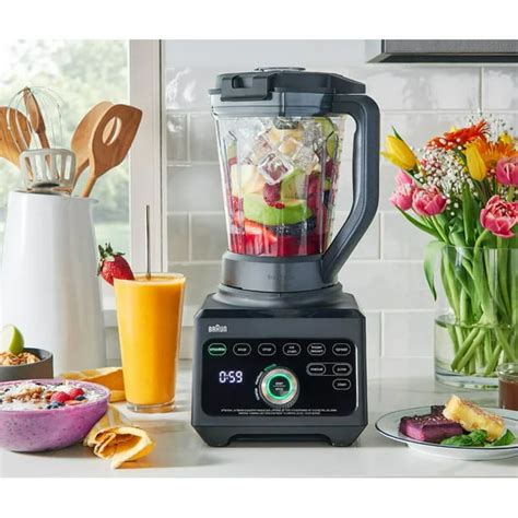 Esquema de una licuadora de alta potencia utilizada para procesar vegetales cocidos y obtener texturas cremosas.