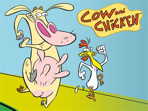 Ilustración de los personajes principales: Vaca, Pollito y el Sr. Rojo, junto a otros personajes recurrentes como Flem y Earl.