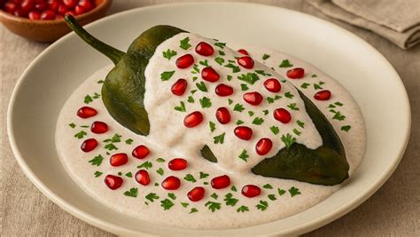 Fotografía profesional de un chile en nogada servido, mostrando la salsa blanca cremosa, granada roja y perejil verde
