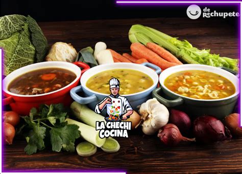 Ilustración de diferentes verduras e ingredientes comunes en sopas y caldos caseros.