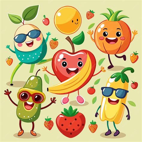 Ilustración infantil con frutas y verduras sonrientes, promoviendo hábitos saludables.