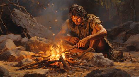 Ilustración de humanos prehistóricos cazando y cocinando carne sobre fuego.