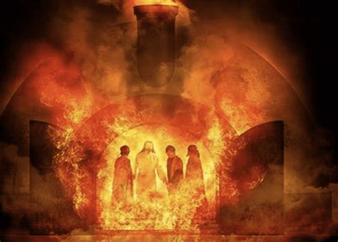 Ilustración artística: Los tres jóvenes hebreos en el horno de fuego junto a una figura divina.