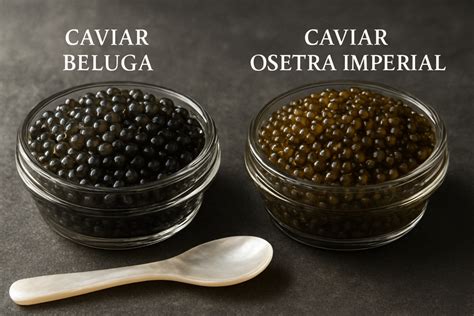 Comparativa visual de los tamaños y colores de caviar Beluga, Osetra y Sevruga