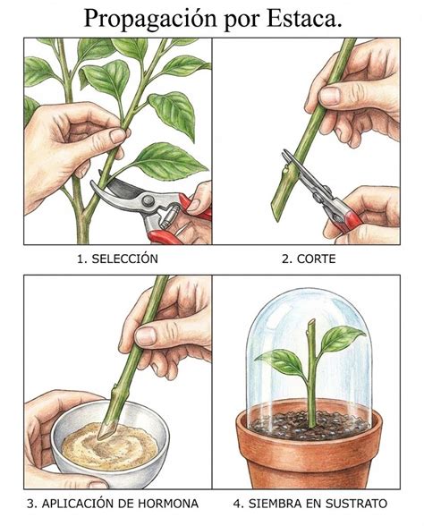 Diagrama mostrando la preparación de una estaca de tallo con nudos, lista para ser plantada.
