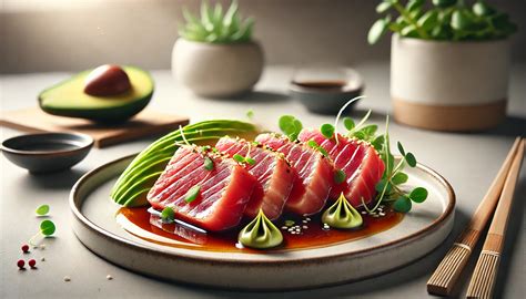 Presentación de tataki de atún con ajonjolí y salsa oriental