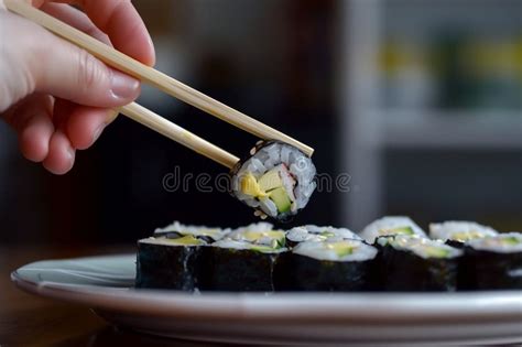 Persona utilizando palillos para tomar una pieza de sushi