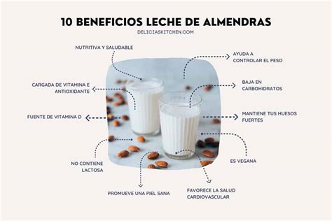 Esquema detallando los componentes de la leche de almendras (vitamina E, ácidos grasos, minerales) y sus beneficios directos para la piel del rostro: hidratación, producción de colágeno, protección antioxidante.