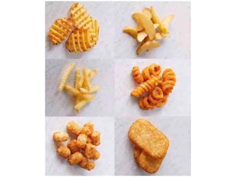 Infografía mostrando diferentes tipos de papas fritas (bastones, gajo, rizadas, chips)