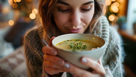 Persona tomando sopa elegantemente en un contexto occidental