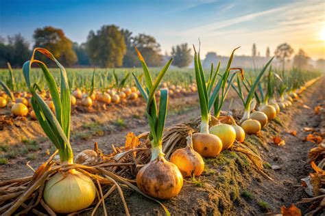 Campo de cebollas listas para la cosecha, con énfasis en el bulbo