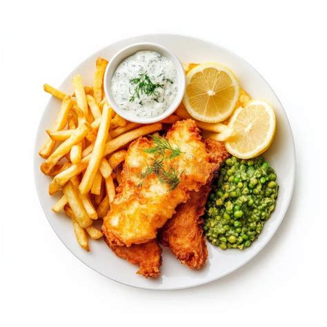 Plato de Fish and Chips con bacalao frito, patatas fritas y guisantes