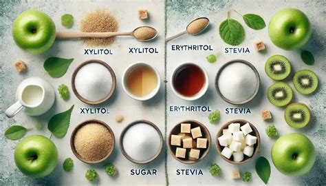 Foto de varios edulcorantes naturales como stevia, eritritol, xilitol