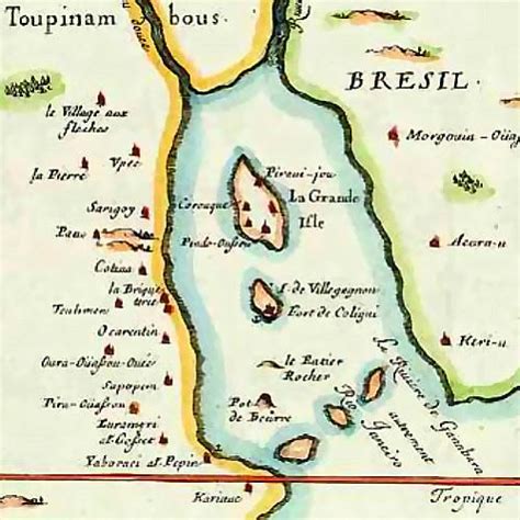 Mapa antiguo de la bahía de Guanabara mostrando el Pan de Azúcar y la fundación de Río