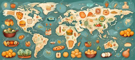 Mapa mundial con platos típicos o iconos de comida internacional