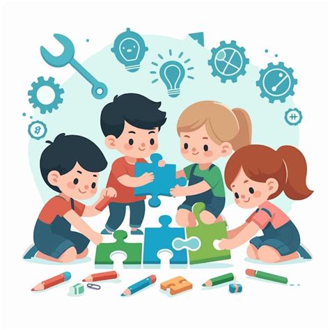 Ilustración: Niños trabajando en equipo en la cocina, preparando una receta