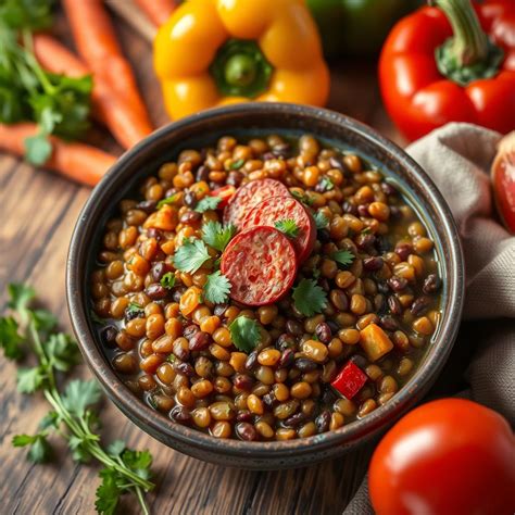 Plato de lentejas con chorizo y morcilla listas para servir