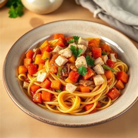 Plato de fideos finos con atún y verduras