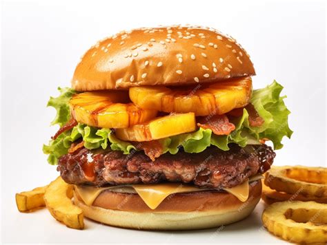 Hamburguesa gourmet con piña asada y otros ingredientes frescos, servida en un pan artesanal