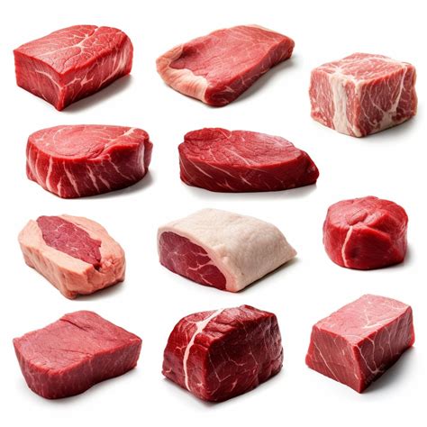 Ilustración de cortes de carne roja fresca con diferentes estados de coloración según la mioglobina (rojo brillante, marrón, púrpura)