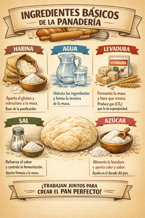 Esquema de los ingredientes básicos para panificación: harina, agua, levadura y sal