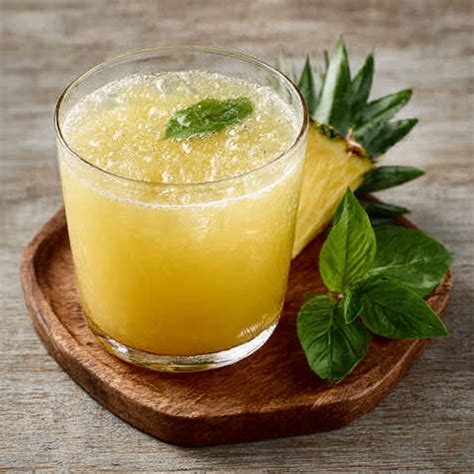 Vaso de agua de piña con hojas de albahaca fresca y cubos de hielo