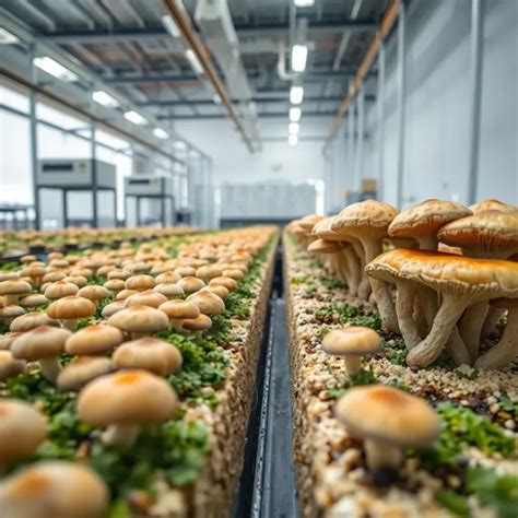 Infografía mostrando el proceso de cultivo de hongos y los puntos donde se aplica la automatización inteligente (recolección, llenado, embalaje).