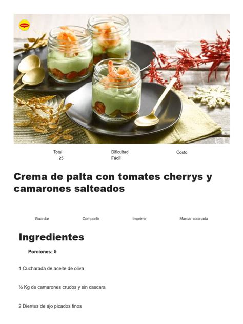 Cinco frascos con capas de tomates, crema de palta y camarones decorativos