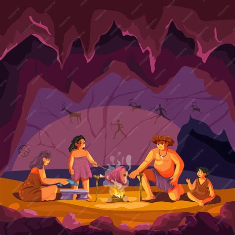 Ilustración de cazadores-recolectores preparando comida alrededor de una fogata