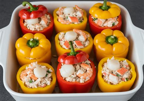 Pimientos rellenos en una fuente para horno listos para hornear