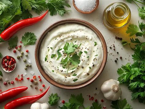 Imagen de un bol de salsa de yogur con merkén y pimentón, decorado con hierbas frescas