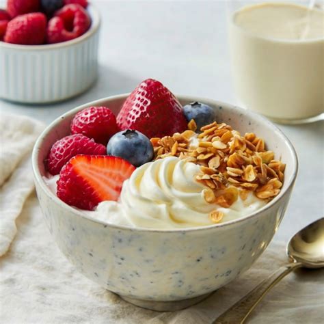 Foto de yogur de almendras casero en un tarro de cristal con frutas