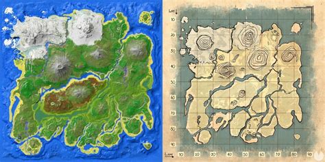 Mapa de Ark: Survival Evolved con áreas de aparición de Carnotaurus resaltadas.