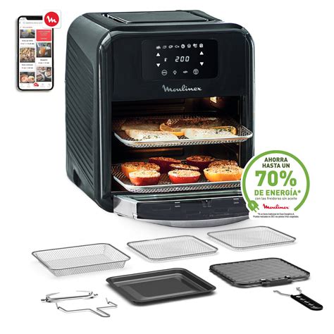 Imagen de la freidora de aire Moulinex Easy Fry Oven & Grill 9 en 1 mostrando sus funciones y accesorios