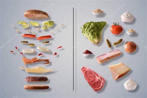 Esquema visual que muestra una hamburguesa desglosada en sus componentes nutricionales principales: proteínas, grasas, carbohidratos, vitaminas y minerales.