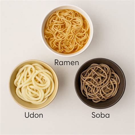 Esquema de las diferencias entre fideos soba, udon y ramen