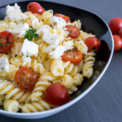 Espirales de pasta con espárragos, tomates cherry y cubos de queso feta