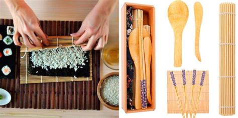 Esquema de utensilios básicos para hacer sushi casero: makisu, hocho, hangiri, shamoji, fukin, uchiwa